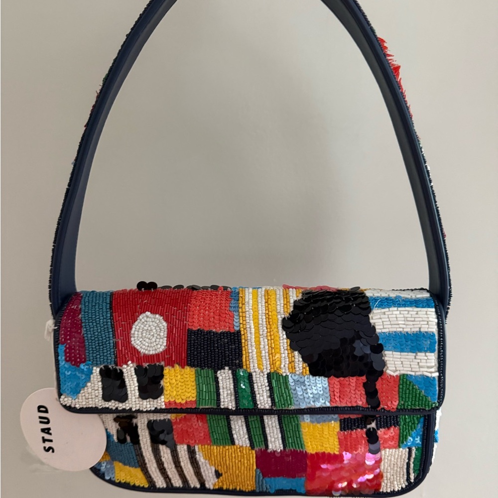 STAUD Red and Pink Shoulder Bag with Bold Stripes